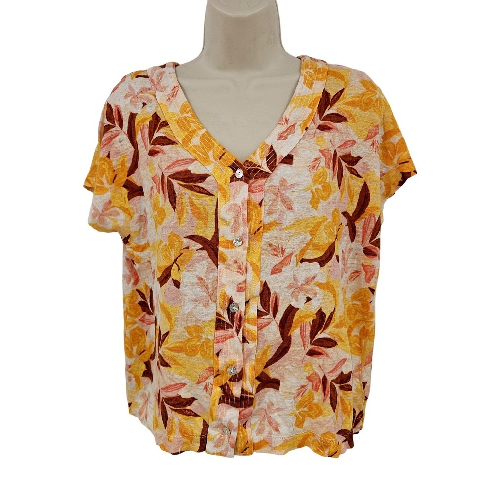 Tahari 100% Linen Top Women M Yellow Floral Button Up Beachy Organic Coastal Sun